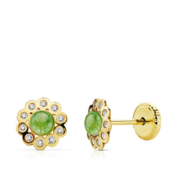 Boucles d'oreilles Or Jaune 18K Fleur avec Pierre Verte et Zircone Fermoir a Vis