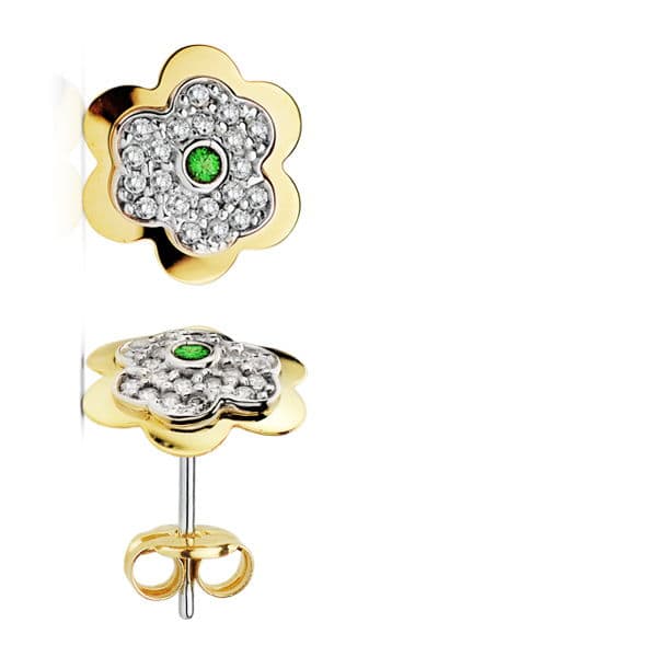 Cercei din aur bicolor de 18K, floare de smarald și închidere tip fluture cu zirconi de 6 mm