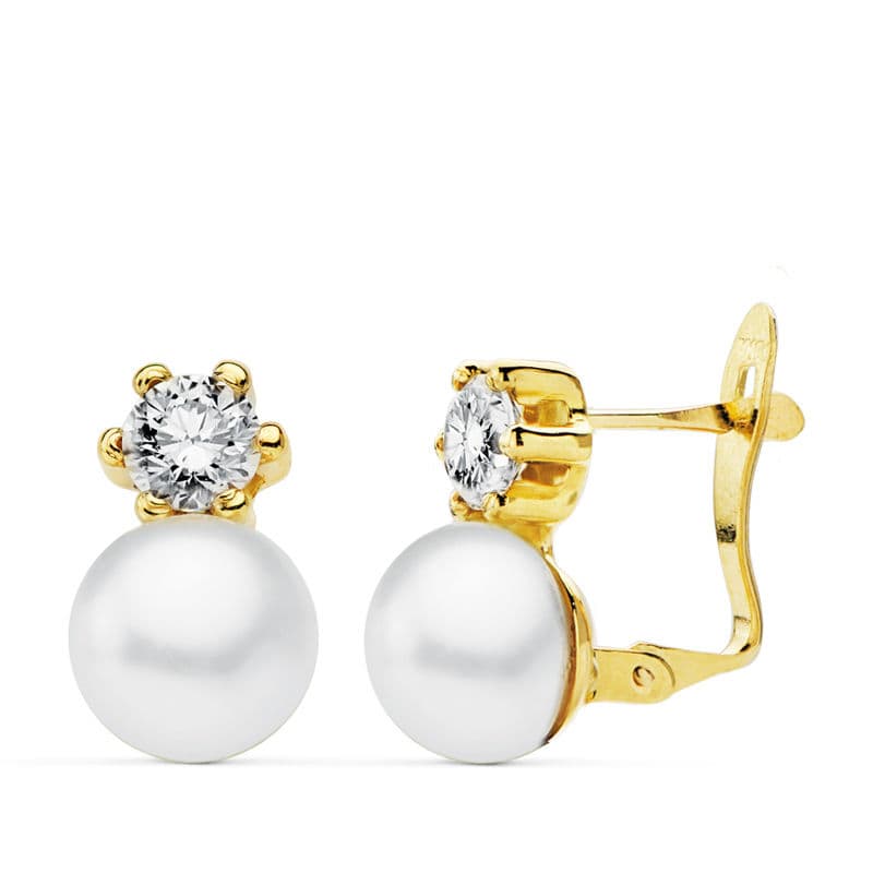 Boucles d'oreilles Or Jaune 18K Perle 7 mm et Griffe Zircone 4 mm Fermoir Catalan