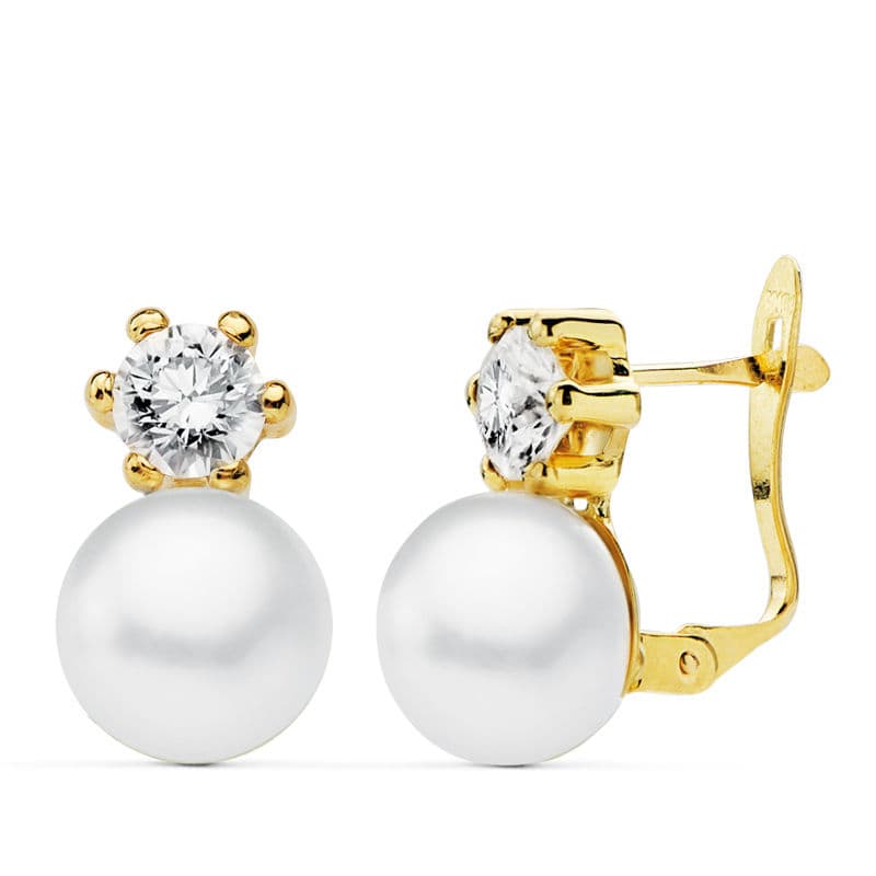 Boucles d'oreilles Perle 18K 9 mm et Griffe Zircone 5 mm Or Jaune Fermoir Catalan