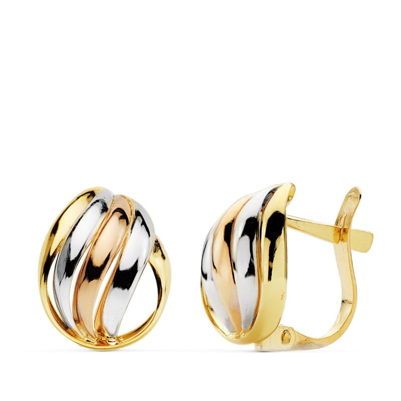 18K Boucles d'oreilles 3 Ors Bandes 12 X 9 mm Fermoir Catalan