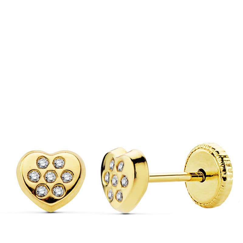 Pendientes Oro Amarillo 18K Corazón Circonitas 5 X 5,5 mm Cierre Rosca