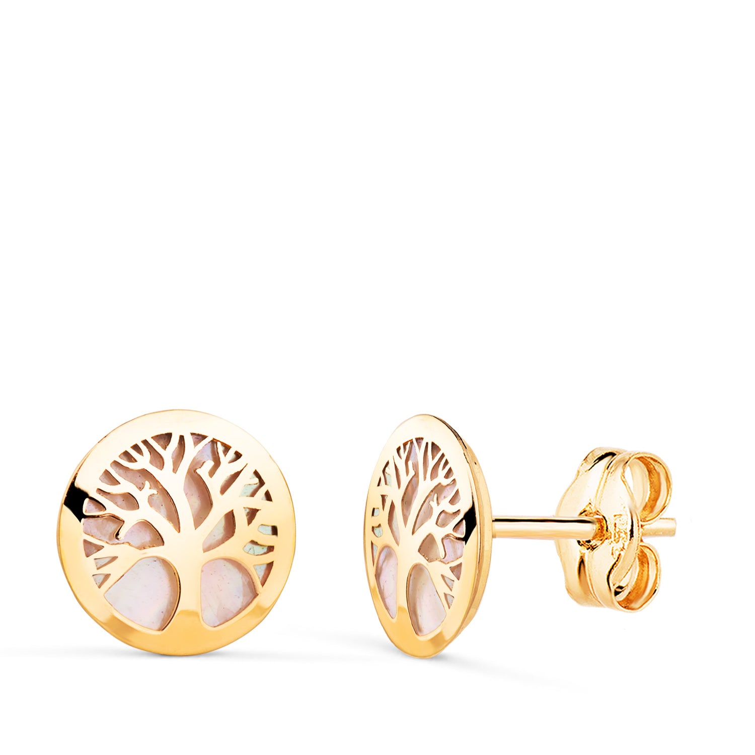 Brincos Árvore da Vida em ouro amarelo 18K com fecho borboleta Nacar de 8 mm