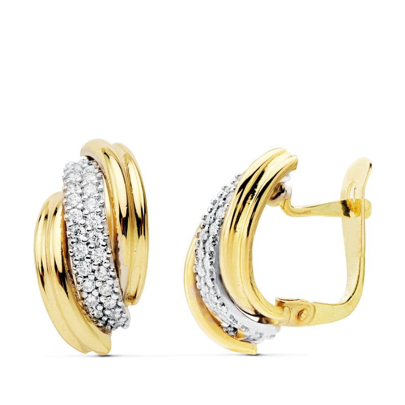 Pendientes Oro Bicolor 18K Bandas 16 X 9 mm Cierre Catalán