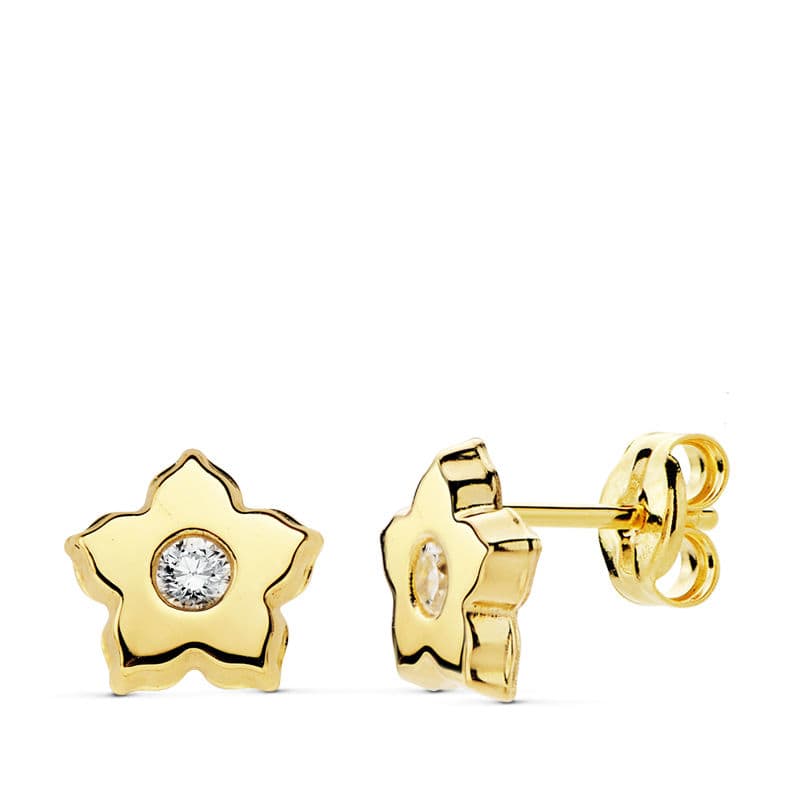 Blumen-Ohrringe aus 18-karätigem Gelbgold mit Zirkonen und 7-mm-Schmetterlings-Druckverschluss