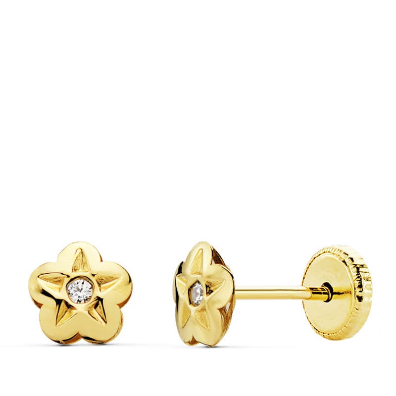 Pendientes Oro Amarillo 18K Flor y Circonitas Cierre Rosca 5X5 mm
