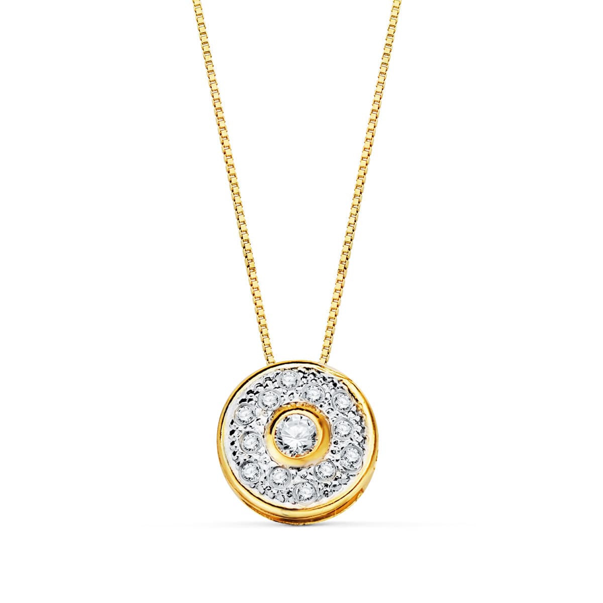 18K Pendentif Or Bicolore avec Zircons 8 mm Chaine 42 Cm