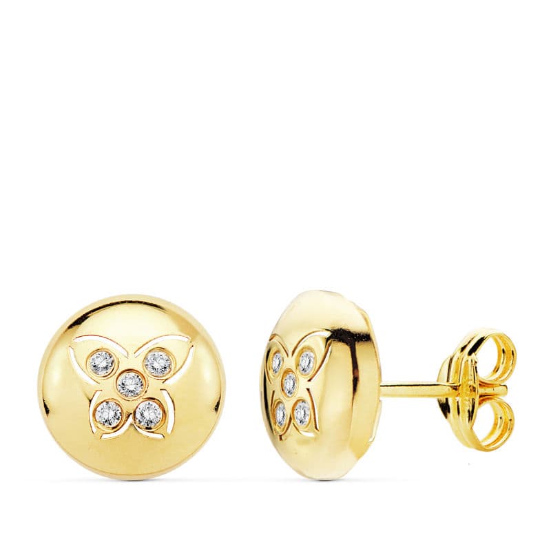 18K Boucles d'oreilles Or Jaune Papillon et Zircons 8.5 mm Fermoir Poussettes Papillon