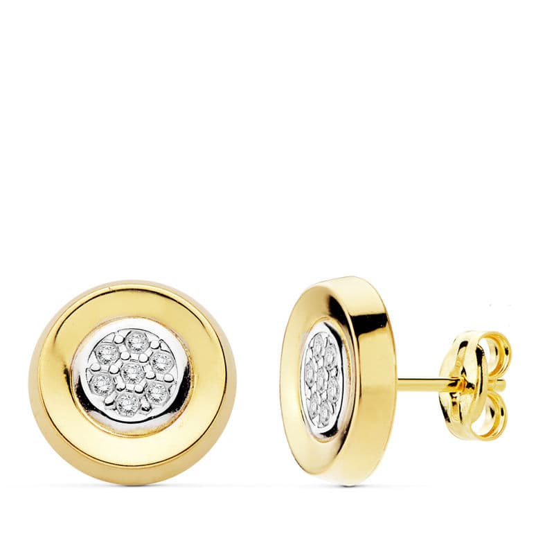 Boucles d'oreilles Rondes Zirconia 18K Or Jaune 10 mm Fermoir Poussettes Papillon