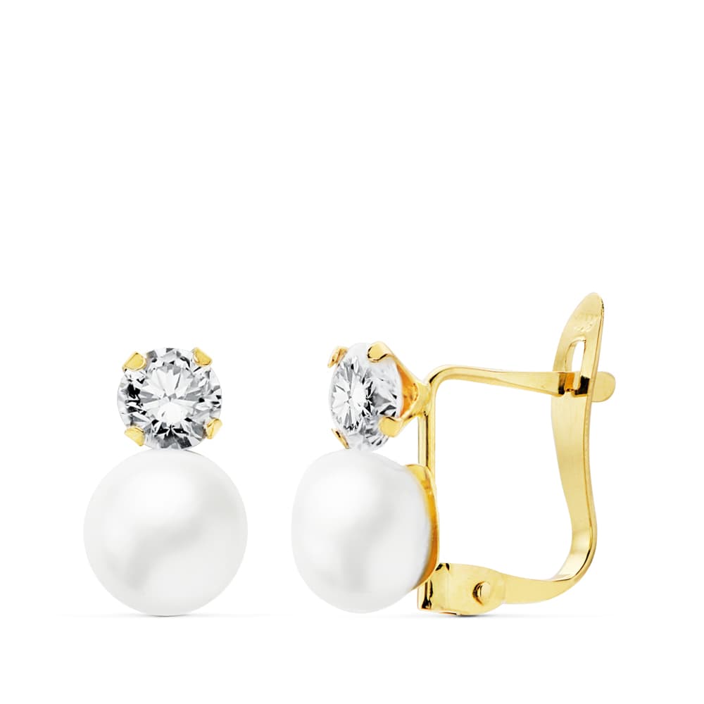 Pendientes Oro Bicolor Circonitas 4 mm Perla 6 mm Cierre Catalán
