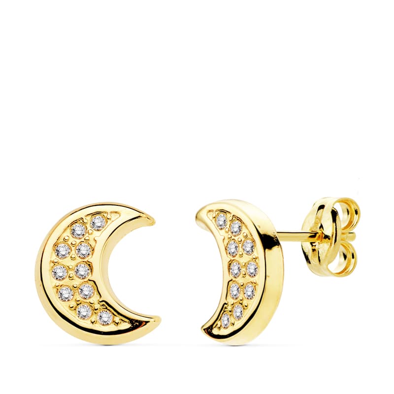 Yarım Ay Küpe 18 Ayar Sarı Altın Zirkon 9 X 8 mm Kelebek Bebek Arabası Tokası