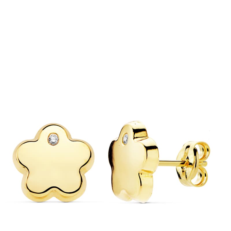 Boucles d'oreilles Fleur Zirconia Or Jaune 18K 9 mm Fermoir Poussettes Papillon