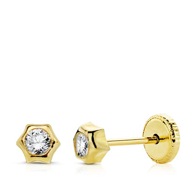 Brincos Sun Zircon em ouro amarelo 18K com fecho parafuso de 4 mm
