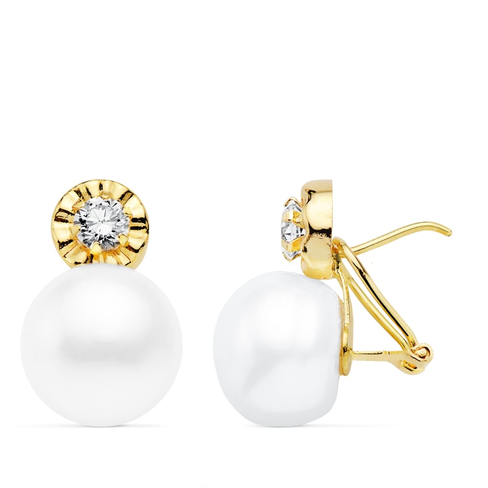 Boucles d'oreilles Or Jaune 18K Zirconia Perle Bouton 18X11 mm Fermoir Omega