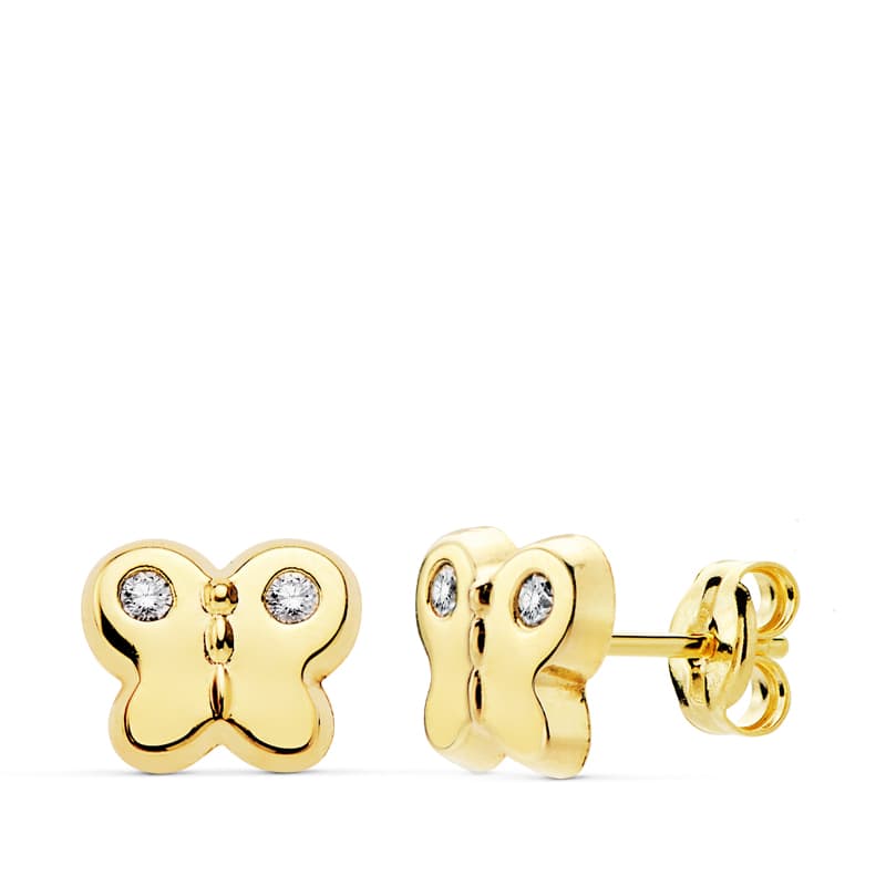 Boucles d'oreilles Papillon Or Jaune 18K Zircone 75X6 Fermoir Poussettes Papillon