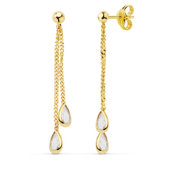 Boucles d'oreilles Or Jaune 18K Double Chaîne 34 mm Fermoir Poussettes Papillon