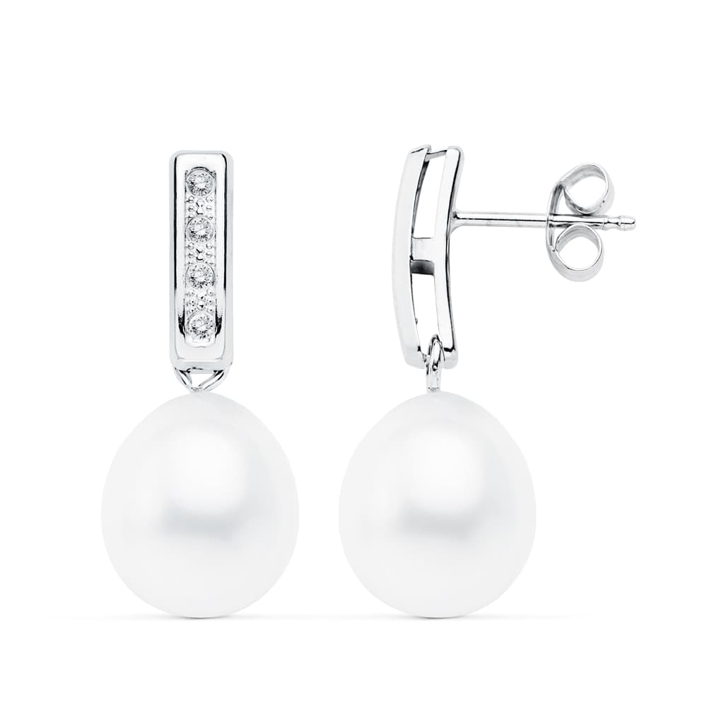 18K Boucles d'oreilles Or Blanc Perle 24X9 mm Fermoir Poussettes Papillon