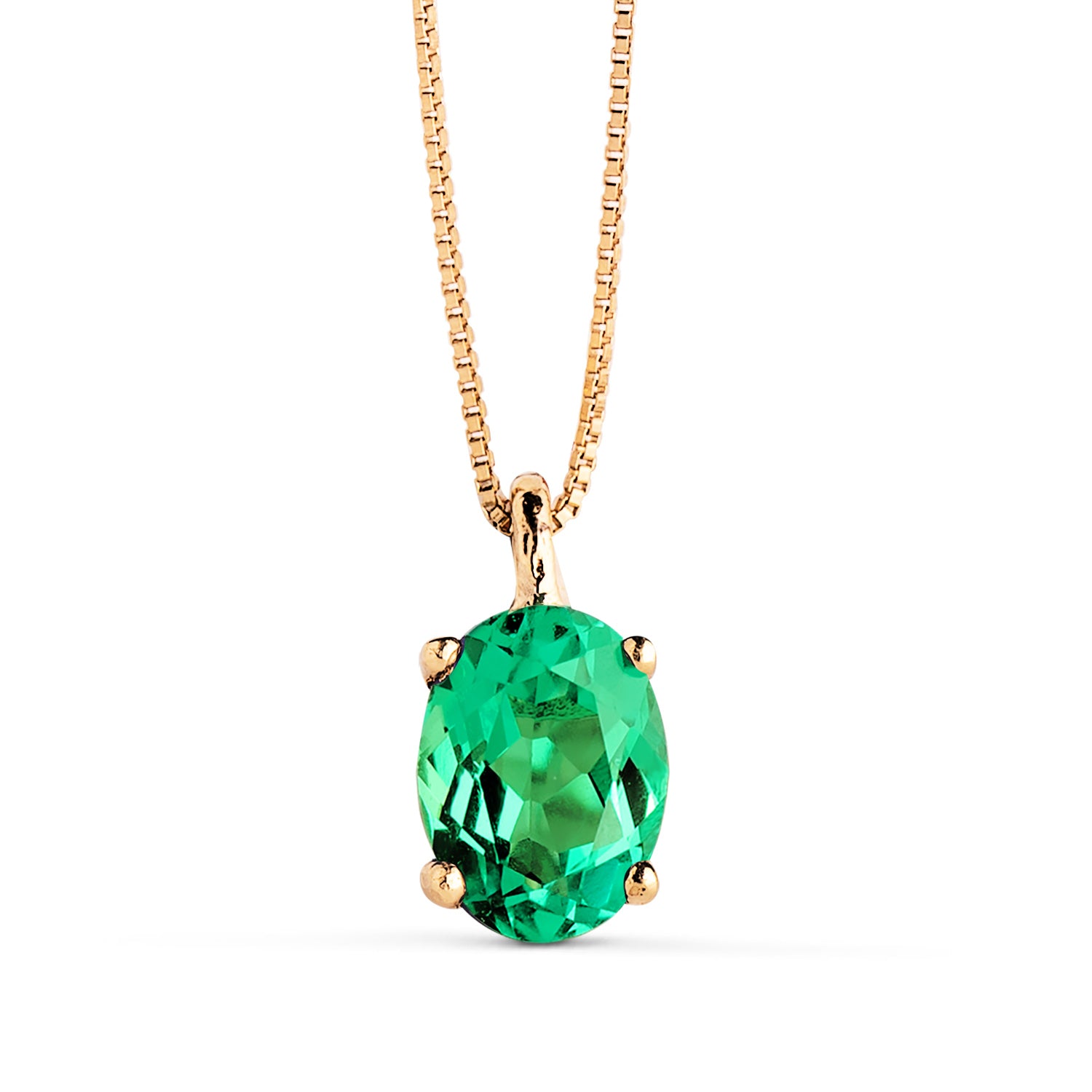 Pendentif en Or Jaune 18K Émeraude Recristallisée 7X5 mm 0,79 Ct Chaîne 42-3 Cm