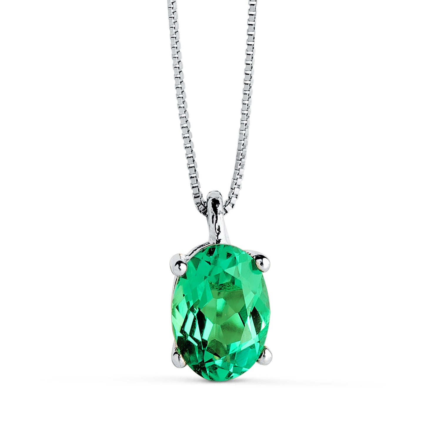 Pendentif en Or Blanc 18K Émeraude Recristallisée 7X5 mm 0,79 Ct Chaîne 42-3 Cm