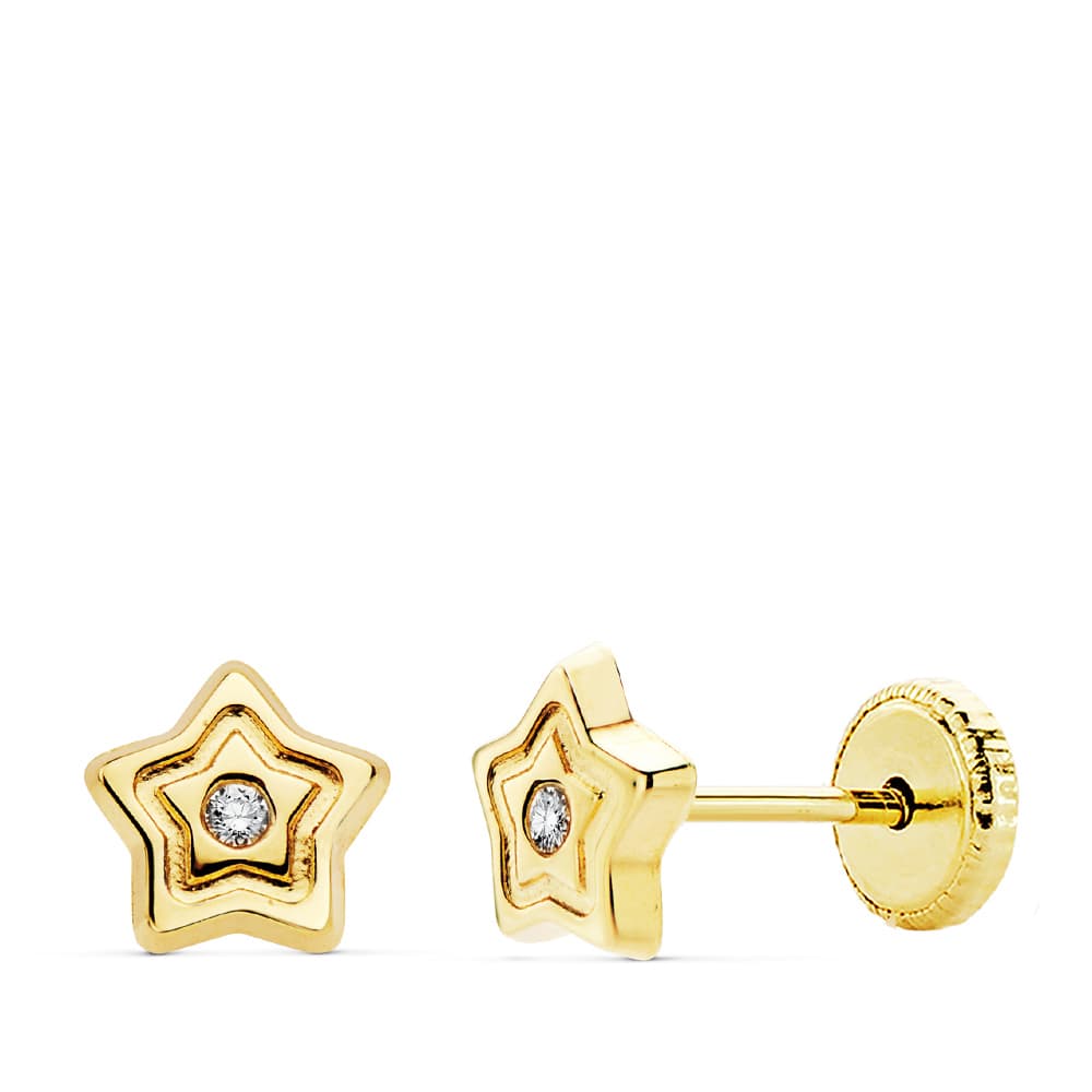 Orecchini Stella e Zirconi in Oro Giallo 18K. Chiusura a Vite 6X6 mm