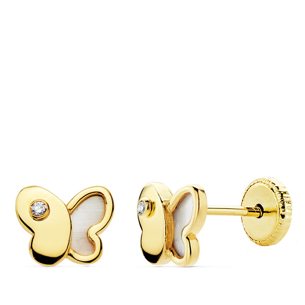 18K Boucles d'oreilles Or Jaune Papillon Nacre 7 X 5.5 mm Fermoir a Vis