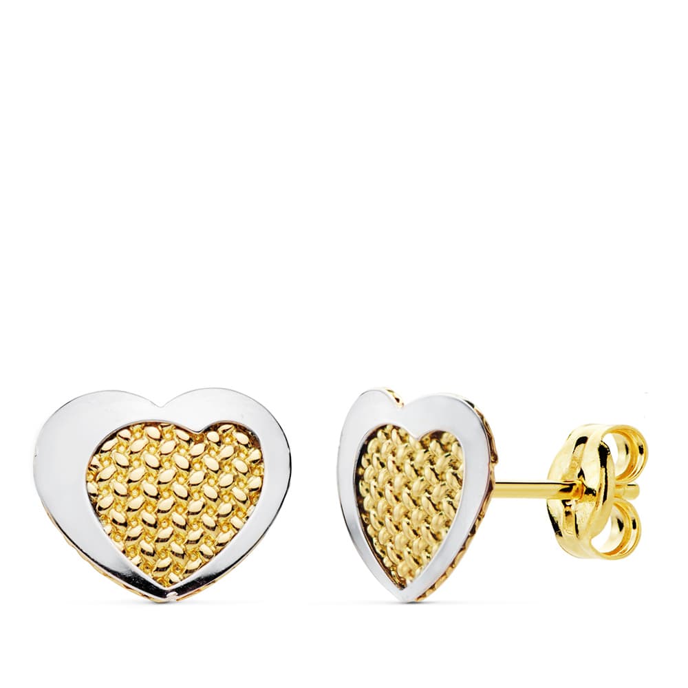 18K guld tofarvet hjerte øreringe 9X7MM Butterfly Push lås