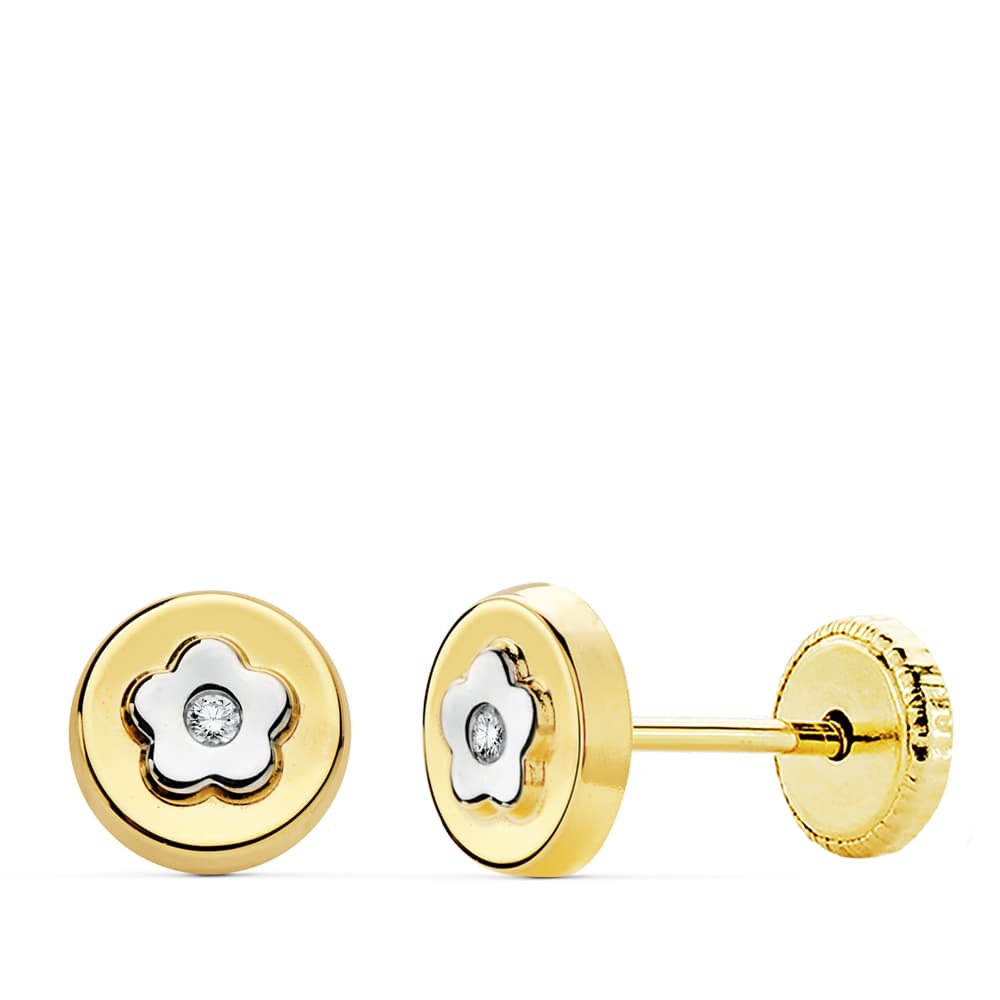18K guld örhängen två färger guld blomma 6 mm skruv lås