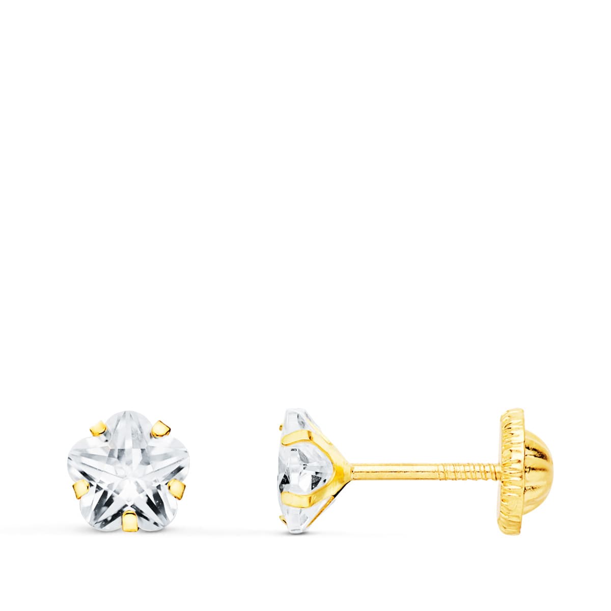 18K Boucles d'oreilles Or Jaune Zircon Fleur 5X5 mm Fermoir à Vis