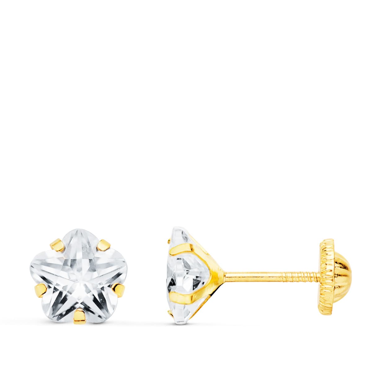 18K Boucles d'oreilles Or Jaune Zircon Fleur 6 X 6 mm Fermoir à Vis