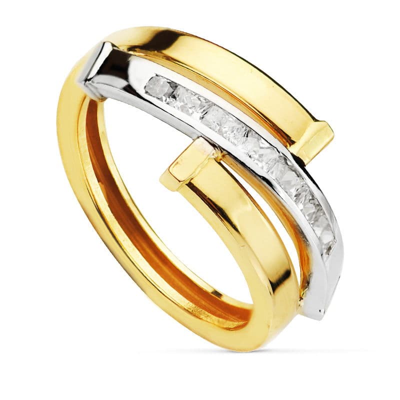 Bague en Or Bicolore 9K avec Bandes avec Zircon sur Rail Largeur : 10,5 mm