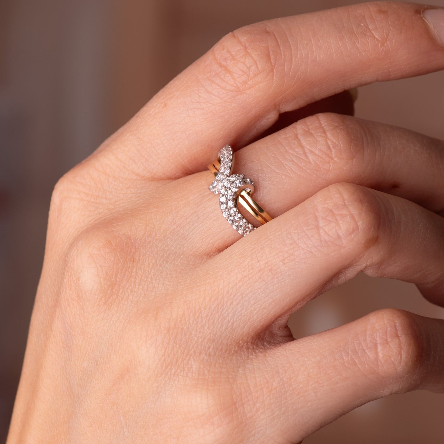 Bague Ouverture en Or Bicolore 18K avec Motique Croix de Zircon Largeur 8MM