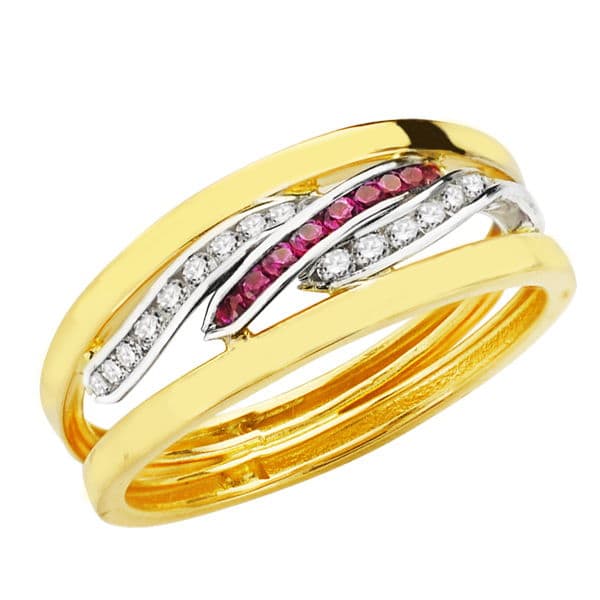 Anel em ouro bicolor 9K com faixas de zircônia branca e vermelha Largura: 6,5 mm