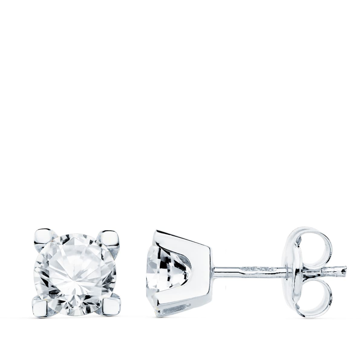 18K Boucles d'oreilles Or Blanc Zircons 5 mm Serti 4 Griffes