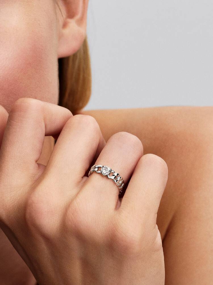 Sølv Cuban Link Heart Ring | Pandora