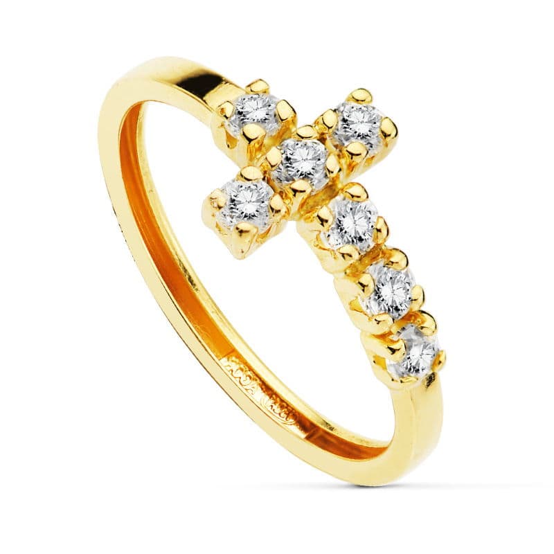 18K gulguldring med kors av 7 Zirconia Bredd: 8MM Kroppsbredd: 2MM