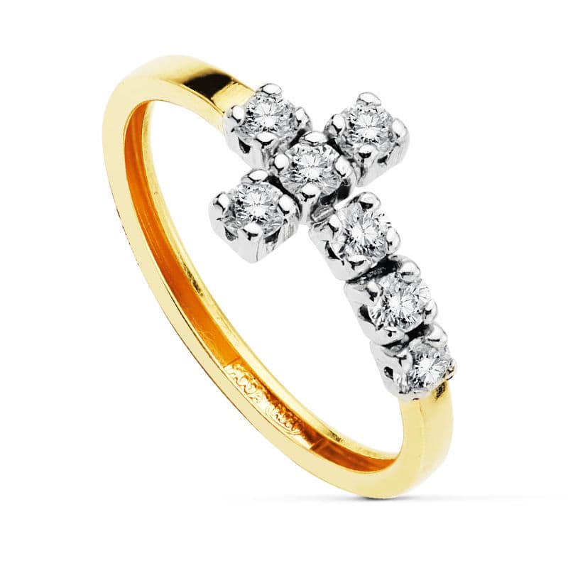 Anillo de Oro Bicolor de 9K con Cruz de Circonitas Ancho: 14 mm