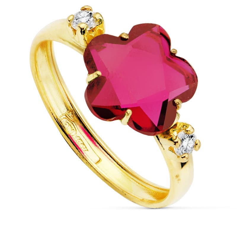 Anillo de Oro Amarillo de 18K con Circonitas Rojas Forma Flor 10X10 mm