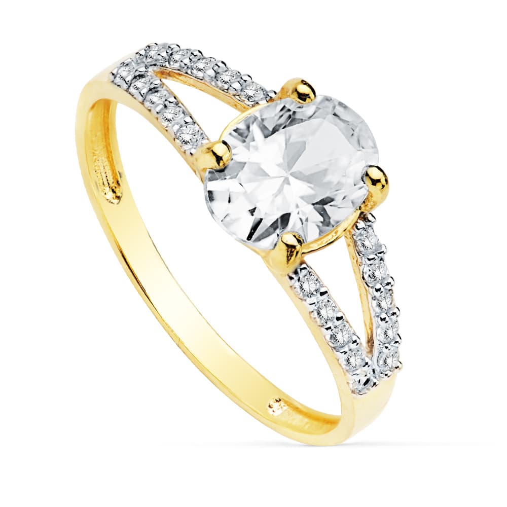 18K Gold Solitaire Two Tone Zircons Stone Oval 8X6 mm