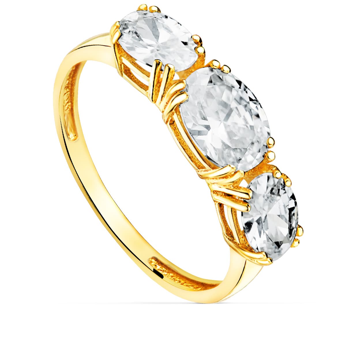 Anillo Oro Amarillo 18K 3 Circonitas Oval Tamaño 7X5 mm Ancho 2.2 mm