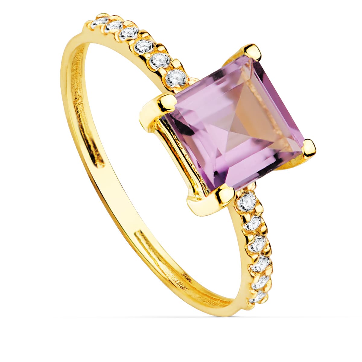 Ring aus 18-karätigem Gelbgold, Zirkone und Amethyst, 6 x 6 mm, Ringbreite 1,5 mm