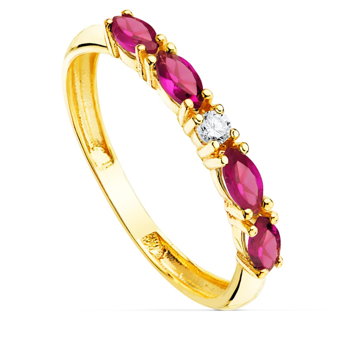 18K gult guld Ring 4 röda zirkoner Marquise skärbredd 2 mm