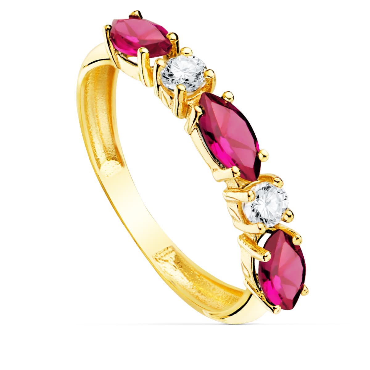 Anillo Oro Amarillo 18K 3 Circonitas Rojas Marquesa Tamaño 3 mm