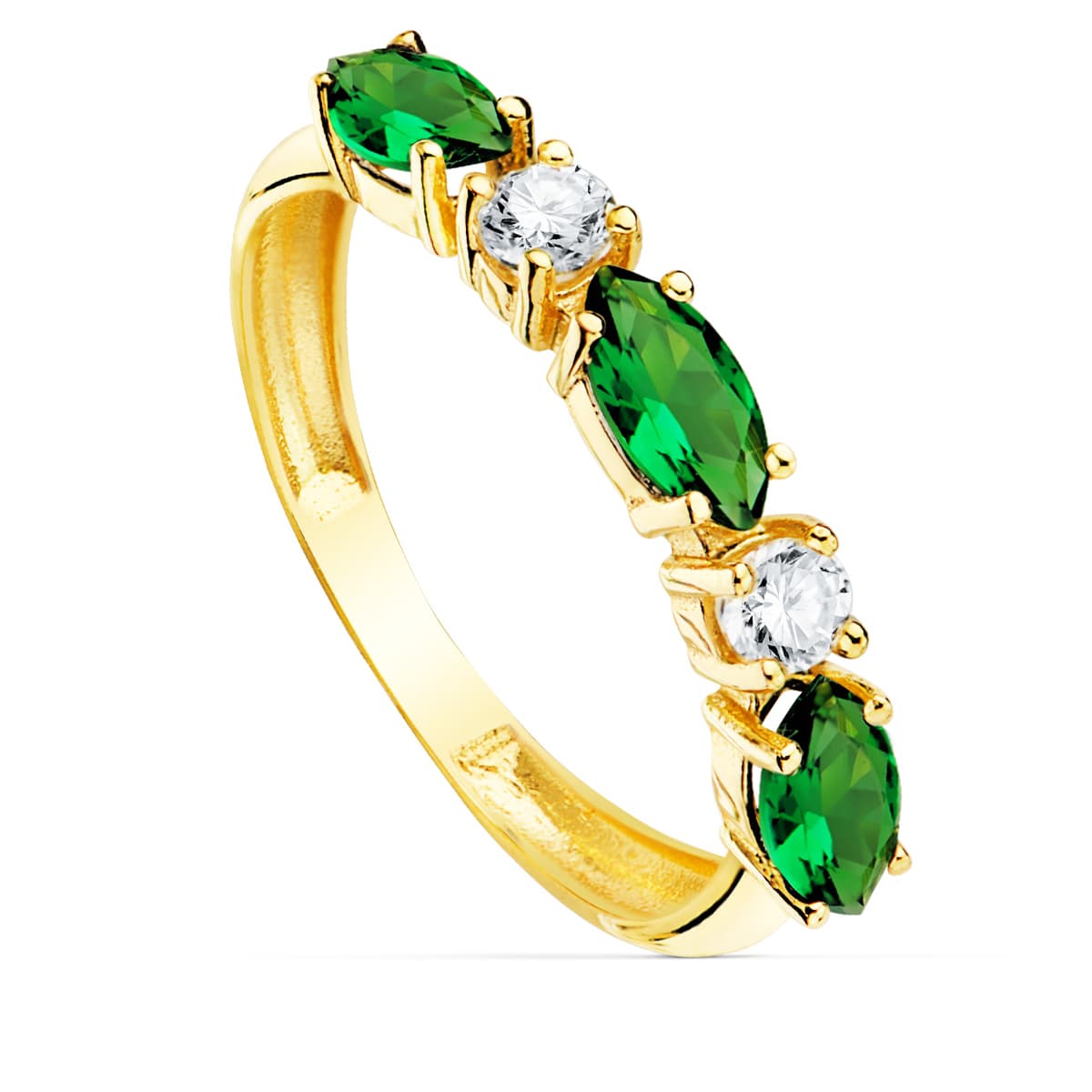 18K Bague Or Jaune 3 Zircons Verts Taille Marquise Largeur 3 mm