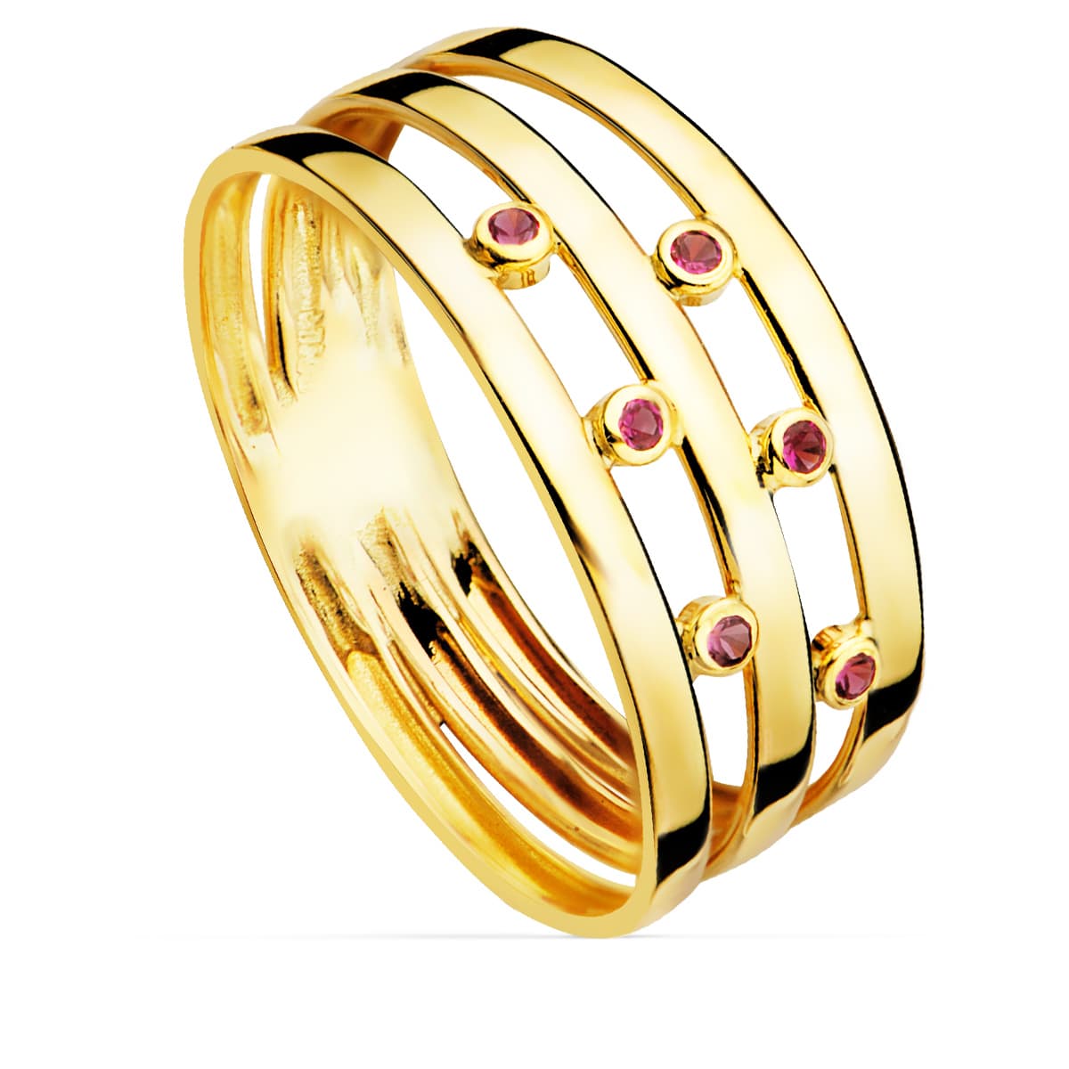 Anello in Oro Giallo 18 Carati con Pietre Rosse. Larghezza anello 8 mm