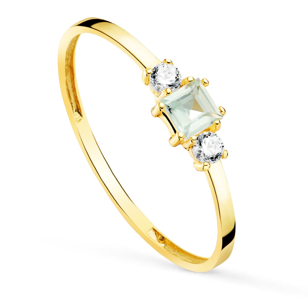 18K Bague Or Jaune Pierre Aiguemarine et Zircons Largeur 1.5 mm