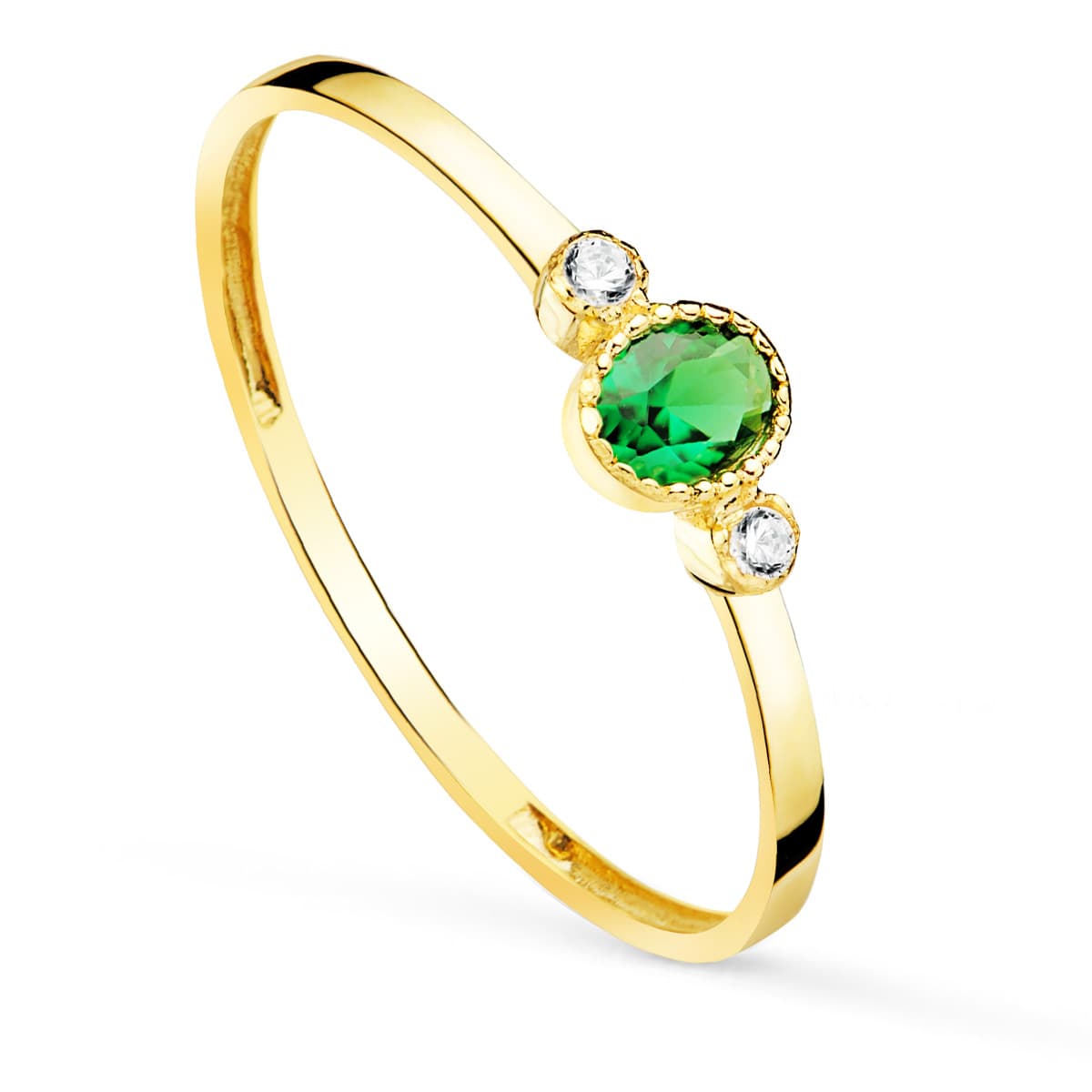 Anillo Oro Amarillo 18K Gema Verde y Circonitas 4X3 mm Ancho 1,2 mm