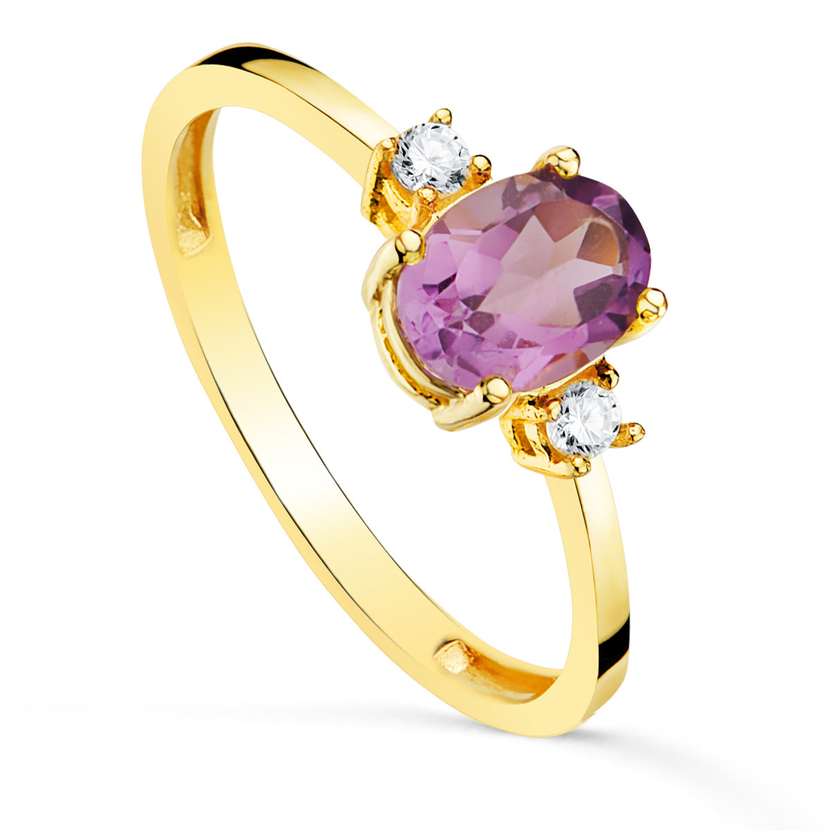 18K Bague Or Jaune Pierre Améthyste 7X5 mm et Zircons