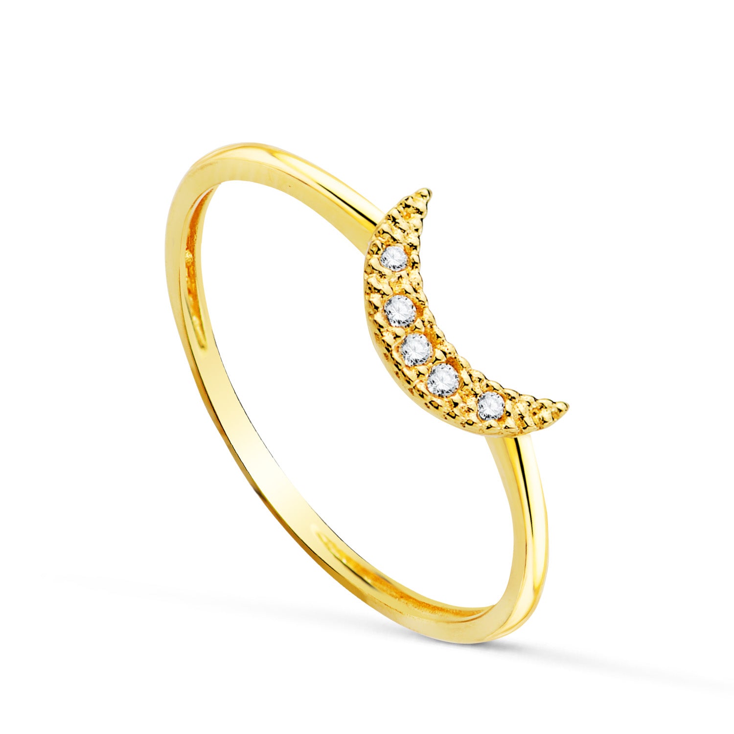 Halbmondring aus 18-karätigem Gelbgold mit 9 x 5 mm großen Zirkonen. Körperbreite: 1 mm