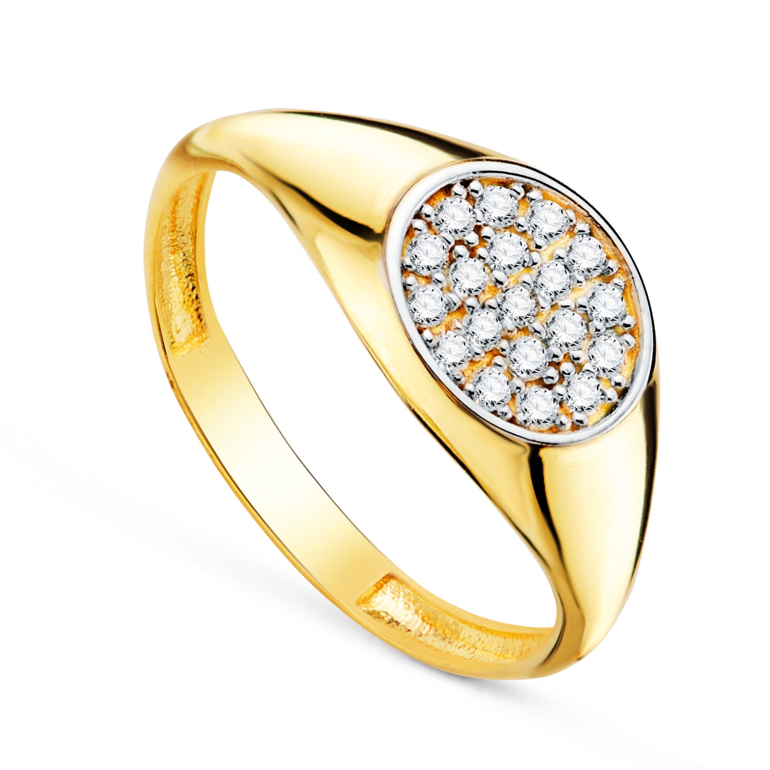 Chevalier en Or Bicolore 18K Tête Ovale avec Zircone Brillantes Mesure: 9 X 8 mm
