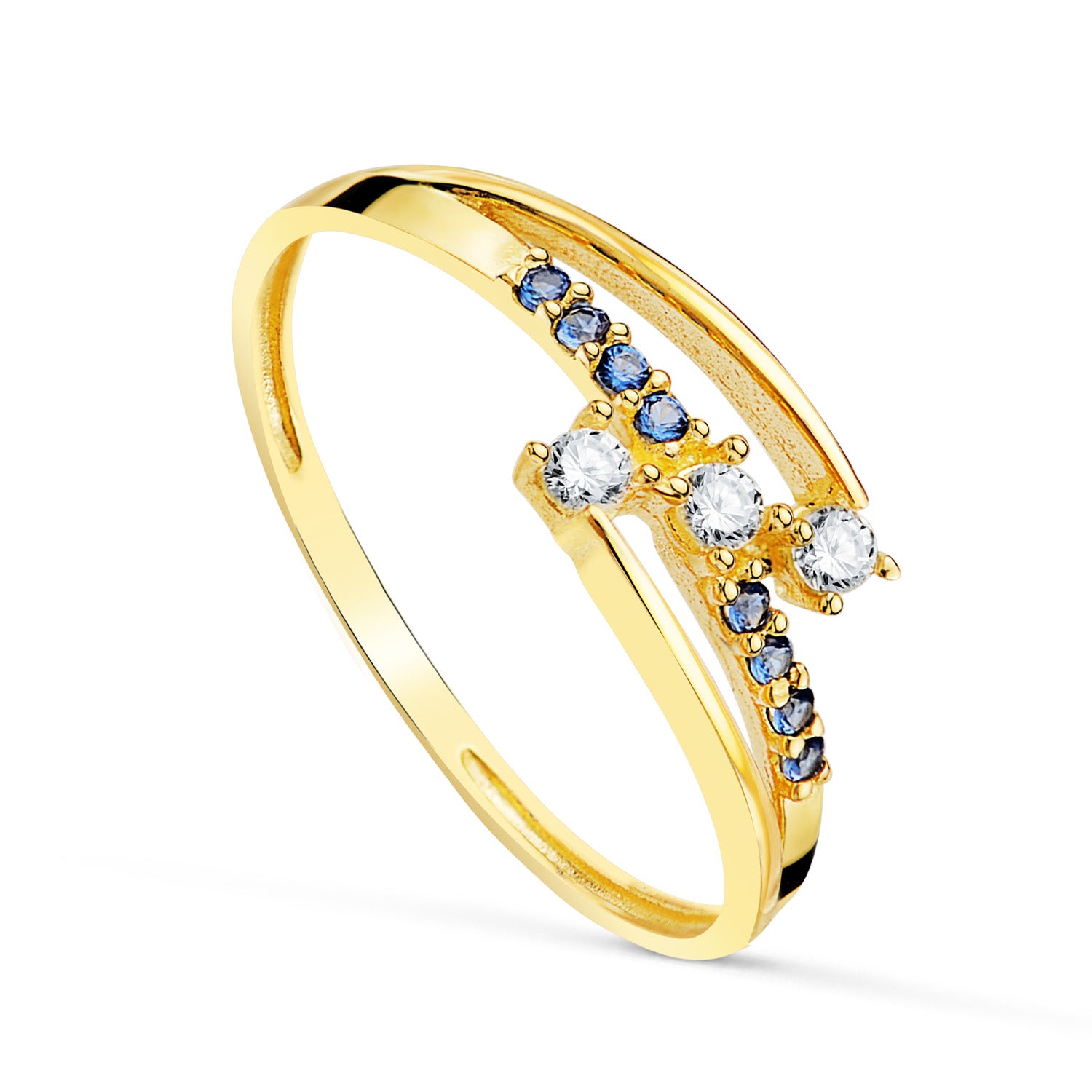 18K geelgouden ring met blauwe en witte zirkonen. Breedte: 6 mm